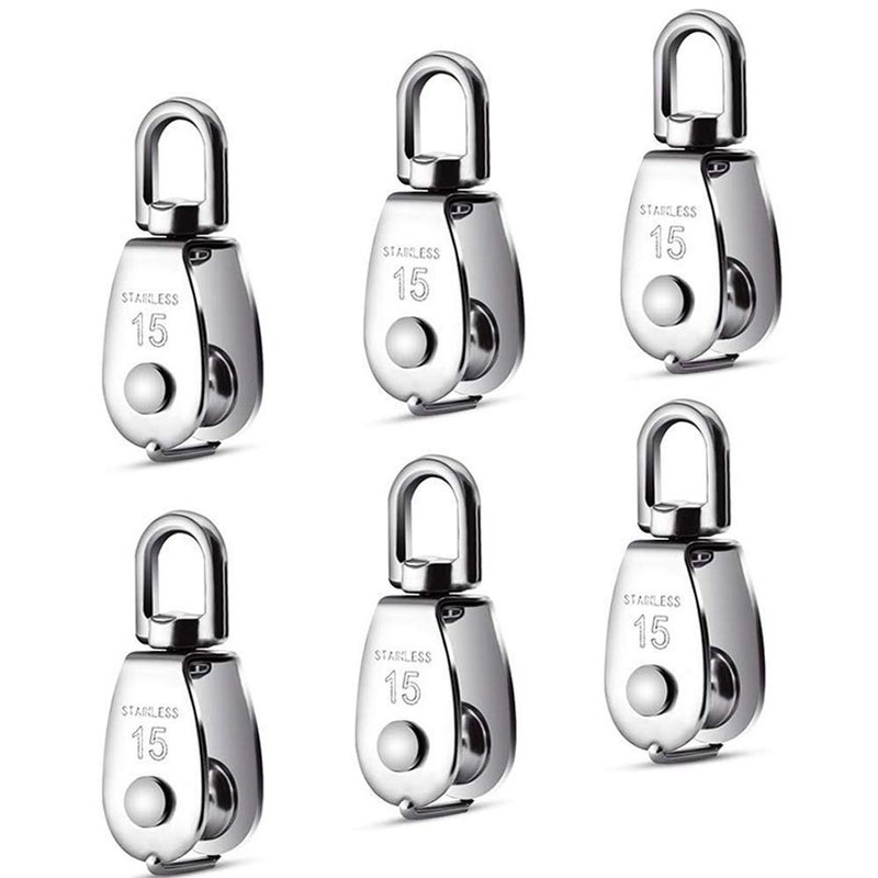 Dorhea 6 Pack 0.59" Single Pulley Block 304 Stainless Steel M15 Crane Swivel Hook Single Pulley Roller Smooth Wire Rope Cable Heavy Loading - Image 1